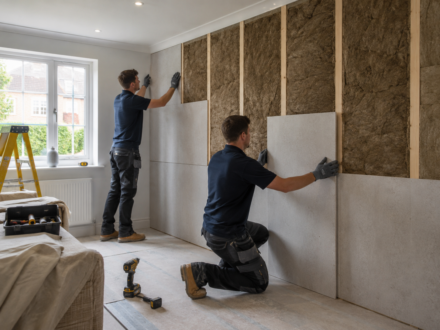 Sublime installers fitting internal wall insulation boards inside a home